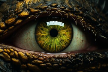 Intriguing Dinosaur eye closeup. Reptile face. Generate Ai