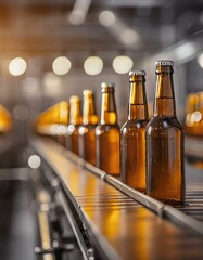: row glass beer drink alcohol bottles, brewery conveyor, modern production line