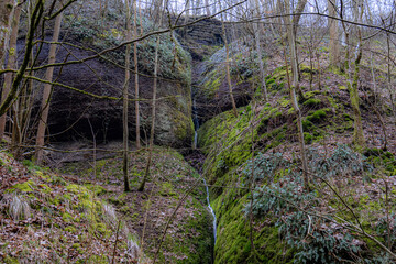 Wunderschöner kleiner Wasserfall an einer wundervoll bewachsenen Felsformation