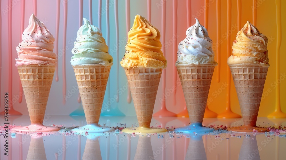 Aufkleber a row of ice cream cones sitting next to each other on top of a rainbow colored table with confetti 