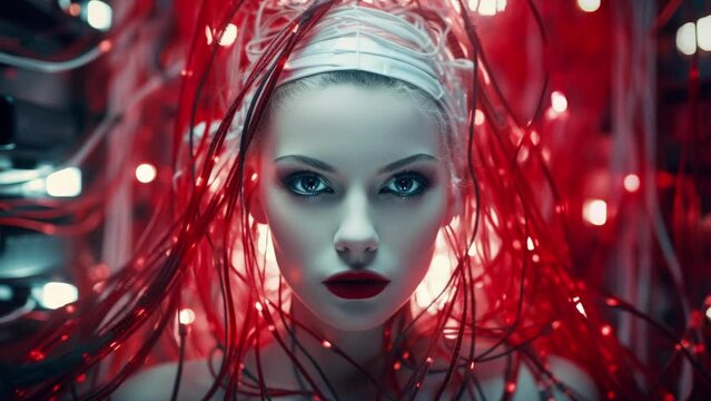 beautiful female cyborg in technology setting connected with wires and cables to computer systems
