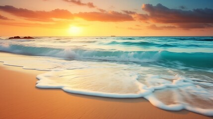 Serene Beach Sunset with Waves Gently Caressing the Shore