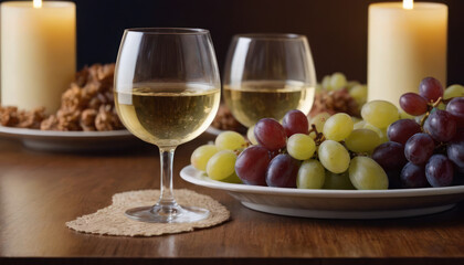 Cozy wine tasting setting two glasses of white wine, cheese, and grapes. A warm and inviting atmosphere for a relaxed evening or wine tasting.