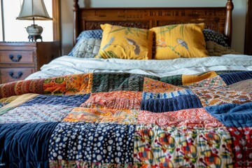 Bedroom with bed with patchwork quilt, colorful patchwork quilt - obrazy, fototapety, plakaty