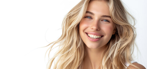 Portrait of young happy blonde woman. Skin care beauty, skincare cosmetics, dental concept, isolated over white background with copy space. 