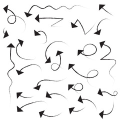 Collection hand drawn arrows. Set simple arrows isolated on white background. Arrow mark icons. Abstract different brush arrows. Super set hand-drawn arrows, vector graphic design