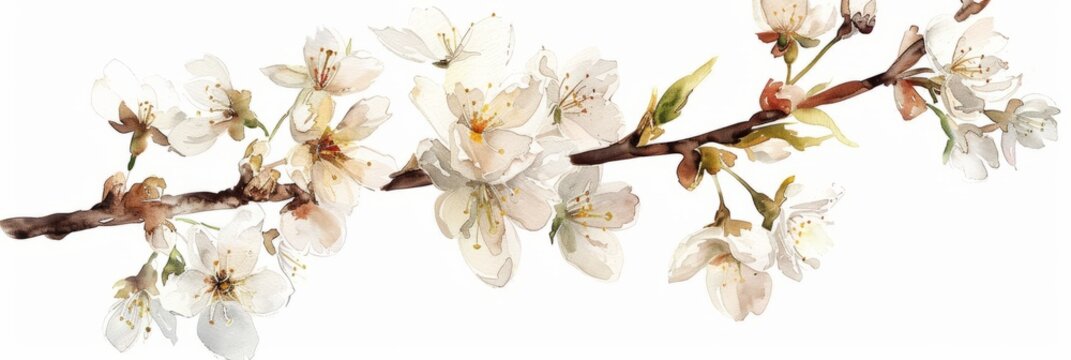 Watercolor illustration of a branch of cherry blossoms on a white background, spring flowers