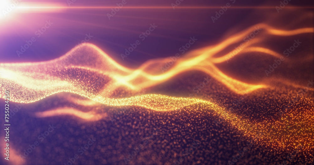 Poster yellow energy glowing magic waves from particles of lines with light rays. abstract background