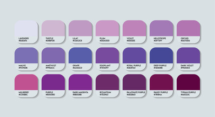 Purple Color Palette, Guide with Color Names. Catalog Samples Purple with RGB HEX codes and Names. Metal Colors Palette Vector, Wood and Plastic Purple Color Palette, Fashion Trend Blue Color Palette