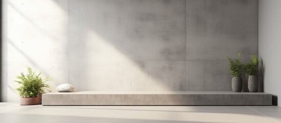 Inside a new concrete exhibition room, there is a prominent concrete wall. The room features two lively green plants, adding a touch of nature to the industrial decor.