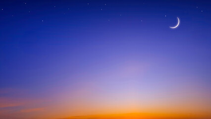 Crescent moon and stars on colorful twilight sky, Beautiful evening sky for Ramadan holy month background decoration during iftar period with free space for edit text 