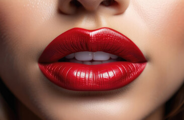 Close-up shot of beautiful female lips with glossy red lipstick