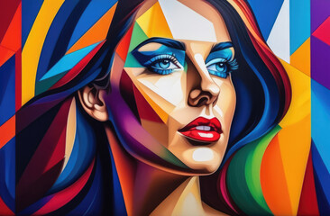 geometric multicolored portrait of a woman - obrazy, fototapety, plakaty