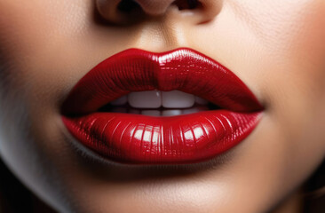 Fototapeta premium Close-up shot of beautiful female lips with glossy red lipstick