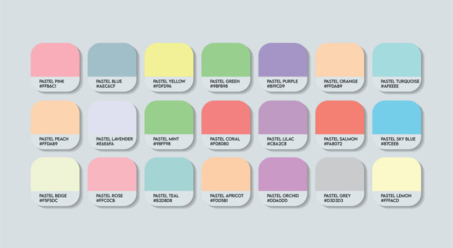 Pastel Color Palette in RGB HEX, Catalog Samples of Pastel Colors Vector, Pastel Color Guide Palette with Color Names. Color Palette Vector, Pastel Colors Palette, Fashion Trend Pastel Colors Switcher