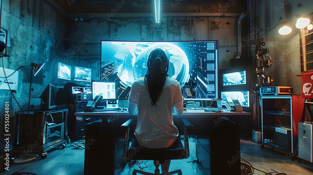 Poster creative professional at work in a moody tech office space. modern workspace with large screens. foc