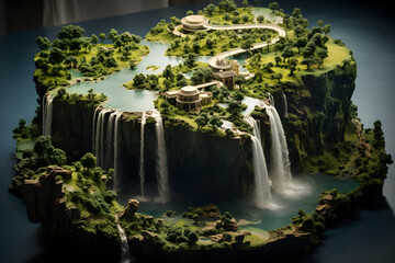flying waterfall island, waterfall island in the air, flying island
