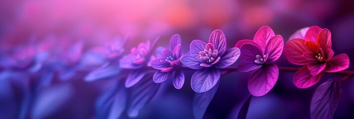 A vibrant row of purple flowers set against a bokeh background