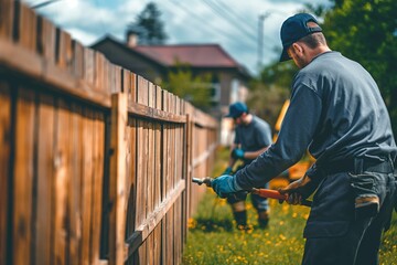 Two male workers are installing or repairing a fence