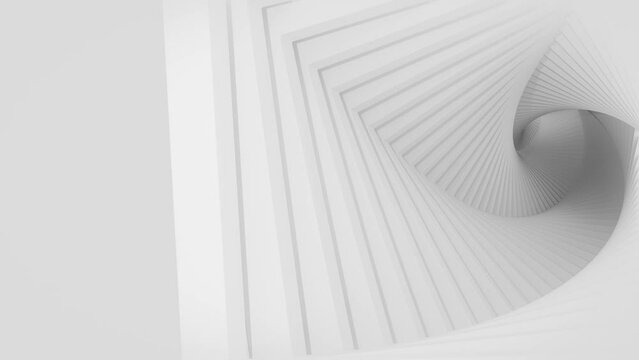3D rendering of a looping animation of rotating white rectangular frames forming a spiral tunnel
