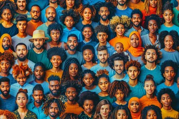 Diverse group of faces: Multinational and multigenerational with varied skin tones and hairstyles