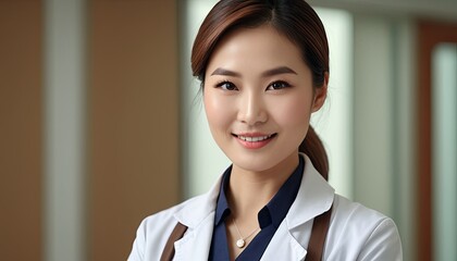 Happy Japanese female doctor poses indoors. Captured during daytime, highlights professionalism in healthcare. For advertising clinics.