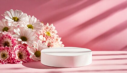Round podium platform stand for beauty product presentation and beautiful flowers on pink background. with shadows. Front view