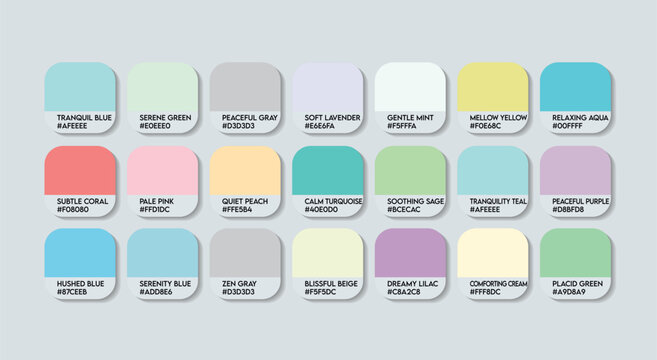 Clam Color Guide Palette with Color Names. Catalog Samples Silver with RGB HEX codes and Names. Pastel Colors Palette Vector, Wood and Plastic  Pastel Color Palette, Fashion Trend Clam Color Palette