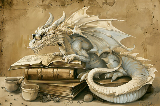 A dragon librarian, spectacles perched on its snout, guards ancient scrolls.