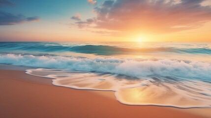 Fototapeta na wymiar Ocean Beach Sunset with Waves on Golden Sand
