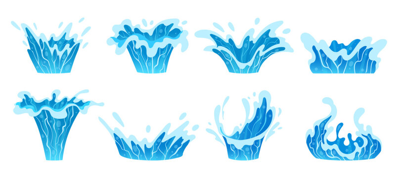 Cartoon water splashes. Blue ocean waves, aqua splashing, clean water splash flat vector illustration collection. Transparent water motion set