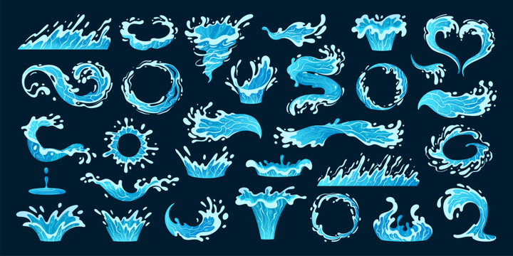 Cartoon water drop splash set. Blue liquid drops and water flows, transparent water splashes, clean drops frames flat vector illustration set. Water waves collection