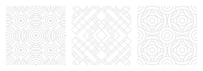Set of seamless gray patterns of circles arcs lines to create fabric and wallpaper, easy background for Christmas card. Geometric white shapes in trendy retro style for cover decoration.