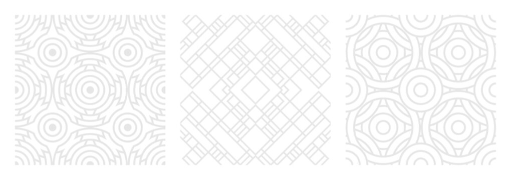 Set of seamless gray patterns of circles arcs lines to create fabric and wallpaper, easy background for Christmas card. Geometric white shapes in trendy retro style for cover decoration.