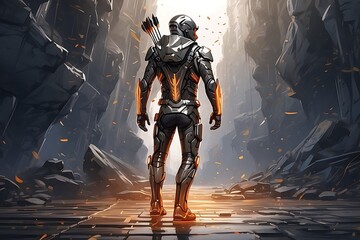 Futuristic cyborg standing in the middle of a dark cave - obrazy, fototapety, plakaty