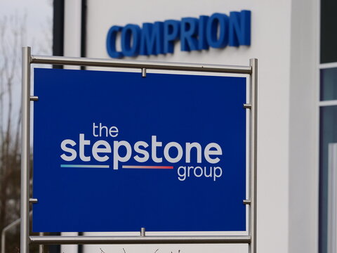 General view of The Stepstone Group's sign and the Comprion Group at the company's Paderborn site on March 10, 2024.