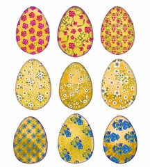 Watercolor Easter yellow egg with floral pattern of spring blooming primroses for Easter clipart, cards, invitations, stickers, scrapbooking, borders, patterns, wrapping, gifts, wallpaper, background