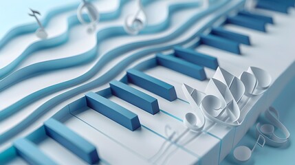 3D Piano Keyboard Framed by Waves in Cinema4D, To provide an abstract and creative visual of a piano keyboard as a musical instrument, blending with