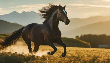 Poster Powerful horse galloping across open field at dawn, capturing its strength and freedom, ideal for equestrian and nature lovers  © Marko
