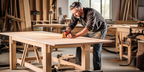 Skilled Carpenter Crafting Woodwork in Professional Workshop with Tools, Man at Workbench