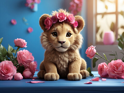 3D art iillustration cute baby lion wearing a cute love headband sitting on a brown table with flowers in a room with a blue wall background with pink nuances full of bright love high quality image