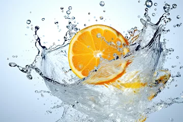 Poster orange and lime slices being splashed by water © neirfy