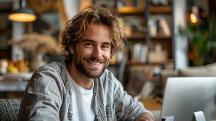 Young man smiling while using a laptop in a cozy cafe. casual style, remote work concept captured in natural light. lifestyle image with modern, relaxed atmosphere. AI