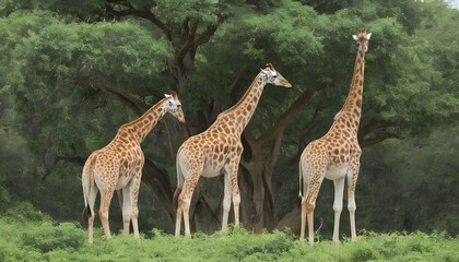 A Group Of Giraffes Grazing On Treetop Leaves - obrazy, fototapety, plakaty