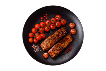 Delicious red salmon fish grilled with sauce and sesame, spices and herbs - 755027419