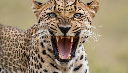 A Leopard With Its Teeth Bared In A Threatening Di - obrazy, fototapety, plakaty