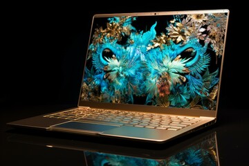Futuristic Laptop product photo with abstract screen display. New computer technology advertising photography. Generate ai
