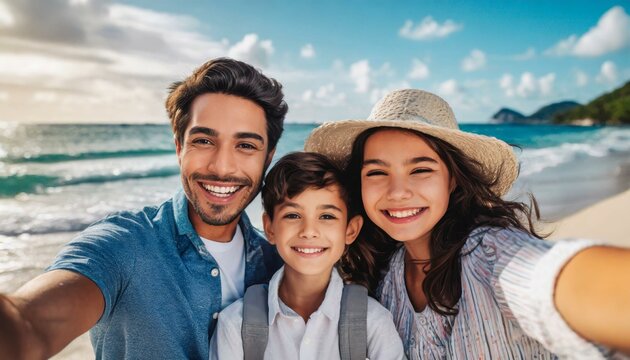 Young family with children taking selfie shot at the beach