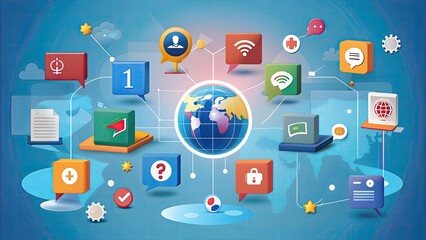 Fototapeta premium an illustration of a blue and green globe surrounded by various communication and social media icons, including a speech bubble, a location pin, and an envelope