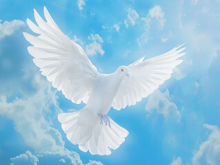 Soaring White Dove in Blue Sky, personification of the essence of the Holy Spirit